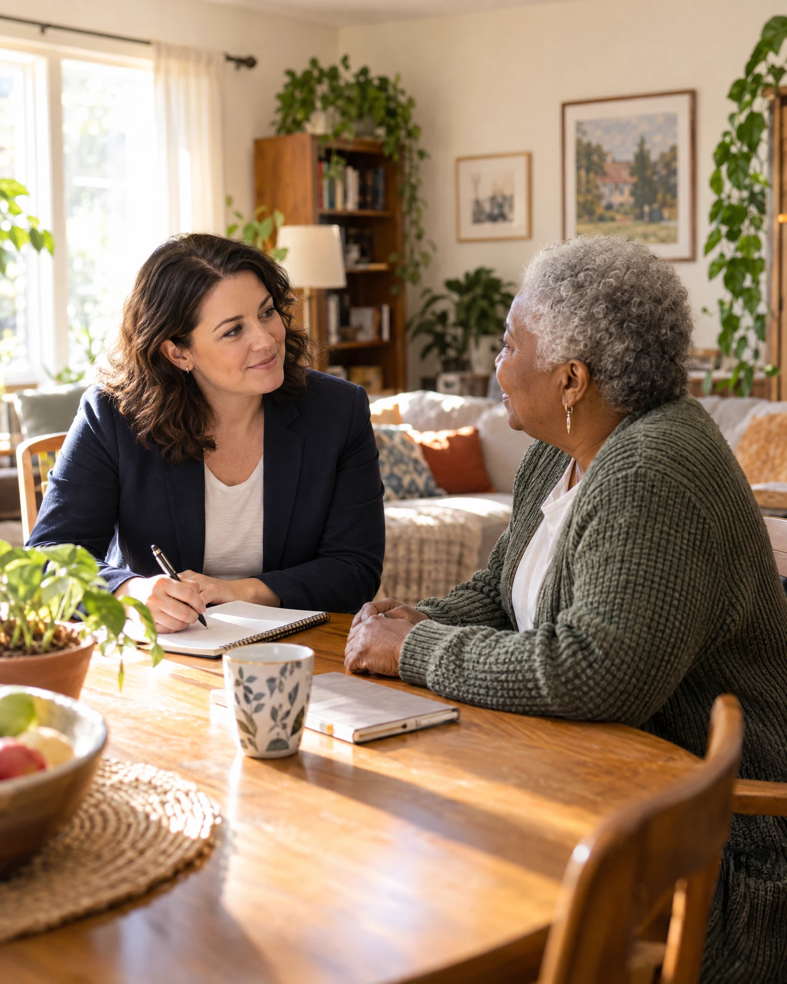Illustrative housing professional listening respectfully to an adult in a home setting