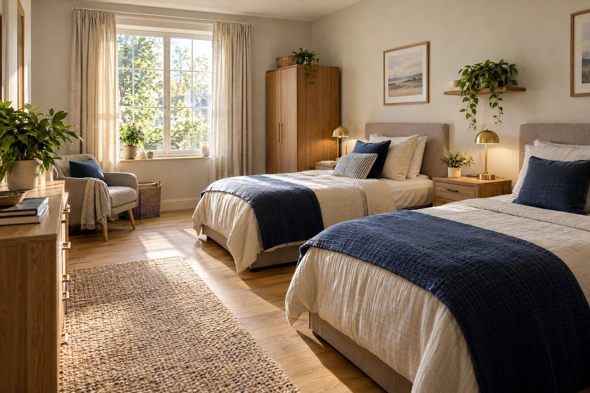 Illustrative furnished shared bedroom with individual beds and warm natural light