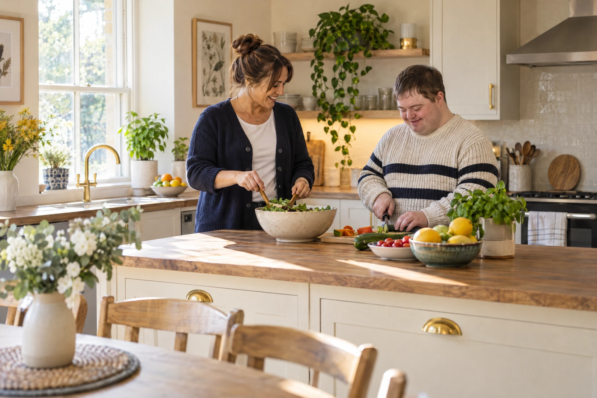 Illustrative adults preparing a meal together in a comfortable residential kitchen