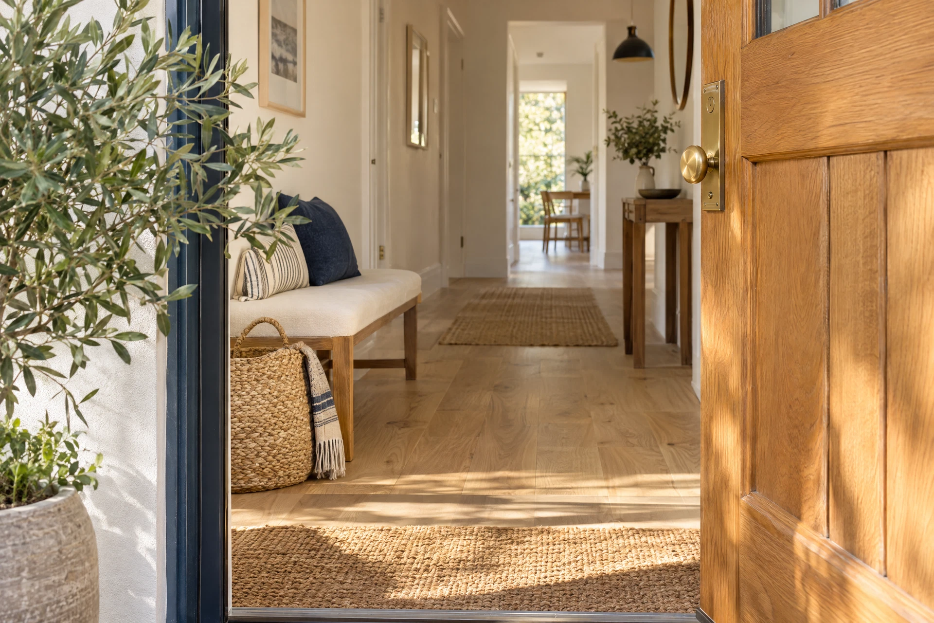 Illustrative welcoming residential doorway with warm sunlight